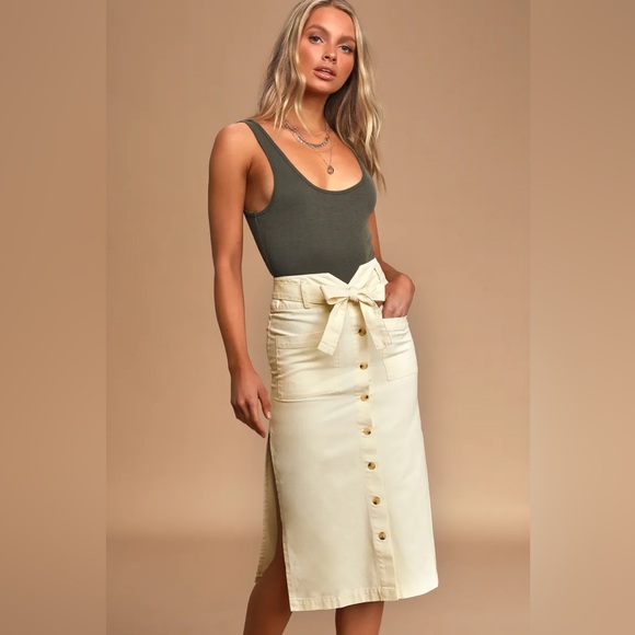 O'Neill Davey Cream High-Waisted Button-Front Midi Skirt - Tie Waist - Medium - Picture 3 of 9